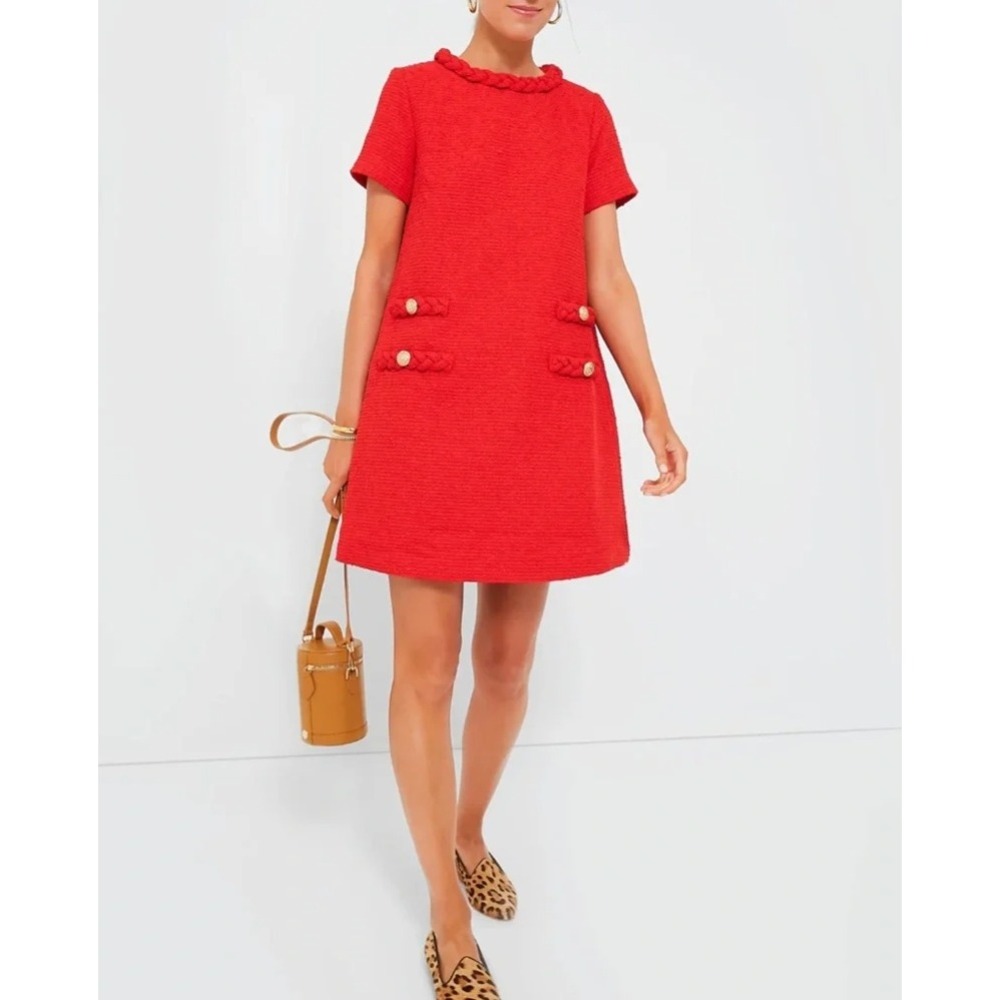 Tuckernuck Red Tweed Jackie Dress Braided Neck Lion Button Shift Size Medium